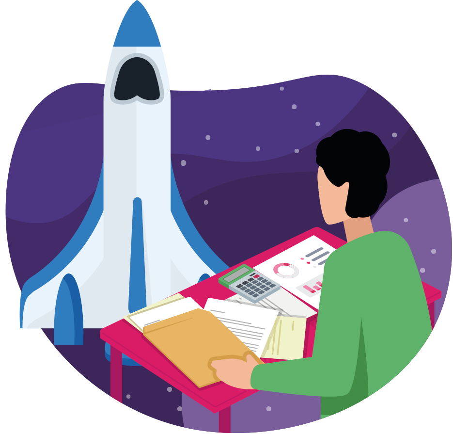 Person looking at a space rocket and working